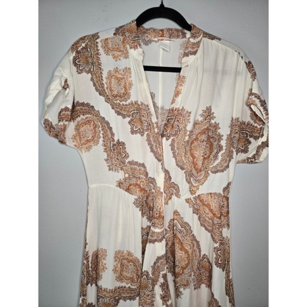H&M Paisley Wrap Midi Dress Cream Brown Boho Cottagecore Size 2 - Picture 3 of 9